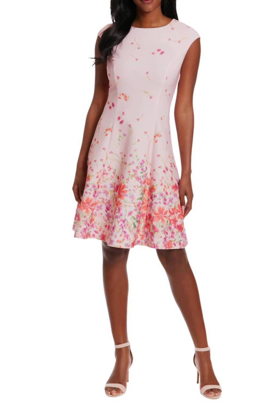 NEW LONDON TIMES floral cap sleeve a-line dress in pink coral